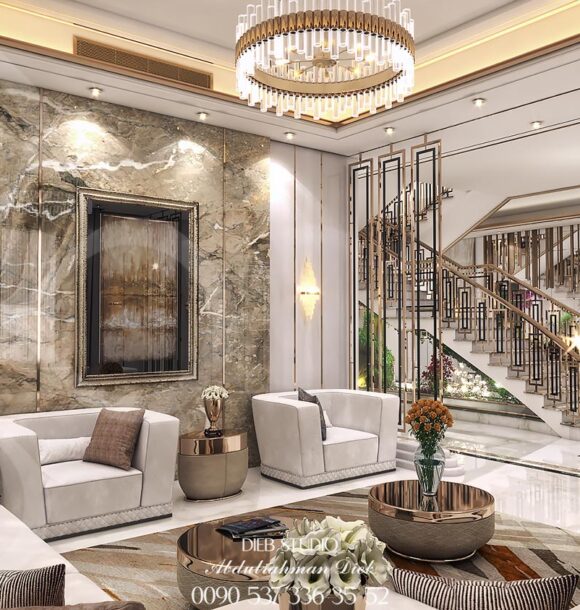 Luxurious entrance hall with a grand staircase.