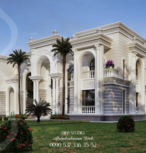 Luxurious villa with a classic architectural style, featuring a central fountain and a lush lawn.