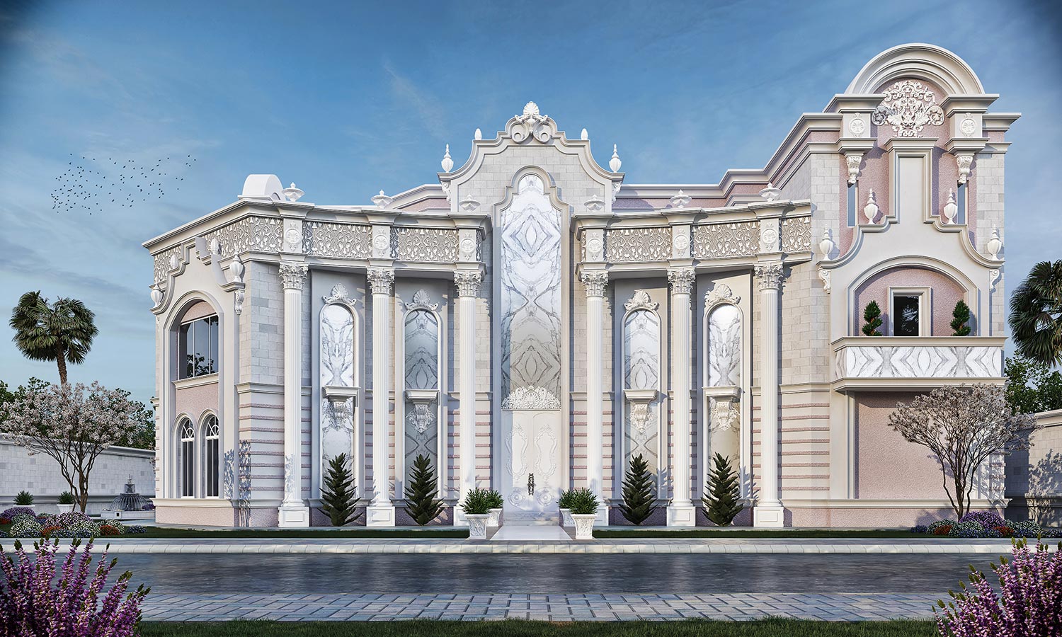 Neoclassical elements are evident with the symmetrical facade, columns, and pediments.