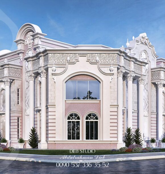 Neoclassical elements are evident with the symmetrical facade, columns, and pediments.