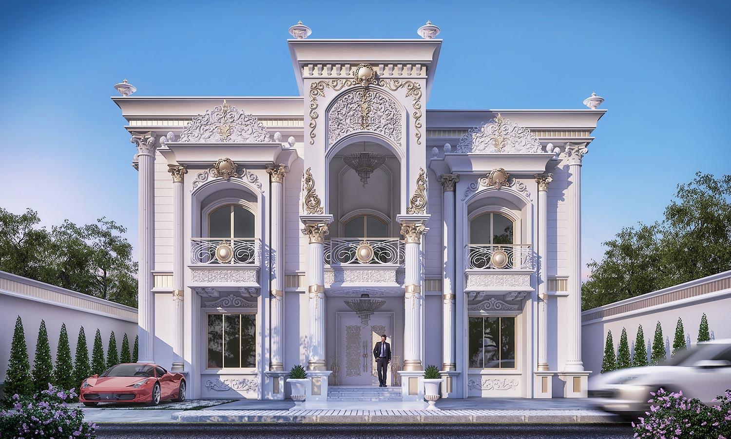 A grand white villa with ornate details, a balcony, and a central entrance. A man stands in front of the door, and a red sports car is parked in the driveway.