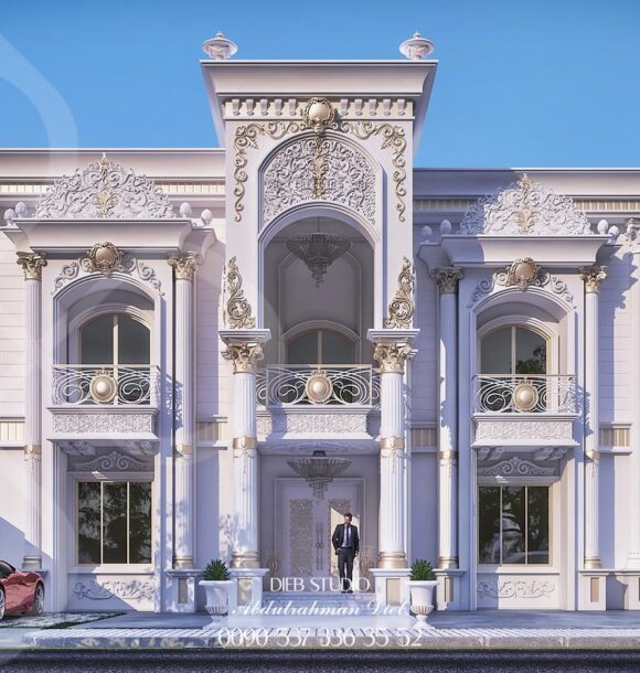 A grand white villa with ornate details, a balcony, and a central entrance. A man stands in front of the door, and a red sports car is parked in the driveway.