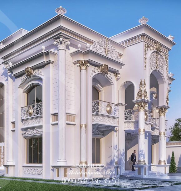 A grand white villa with ornate details, a balcony, and a central entrance. A man stands in front of the door, and a red sports car is parked in the driveway.