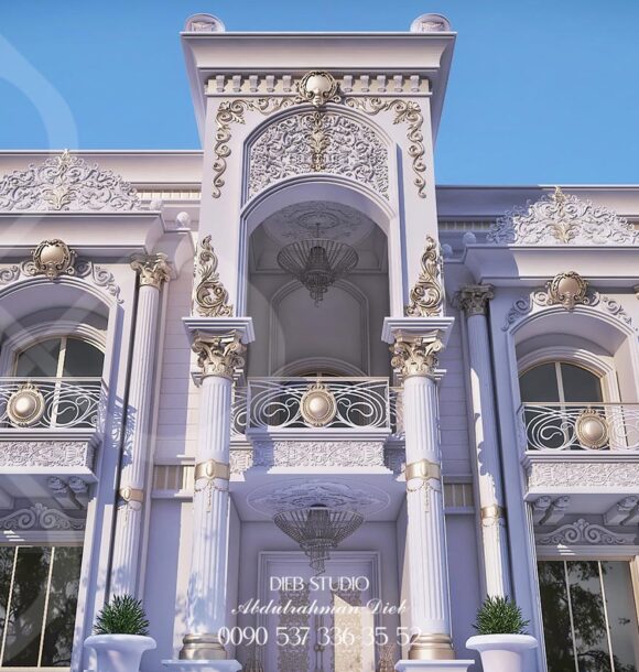 A grand white villa with ornate details, a balcony, and a central entrance. A man stands in front of the door, and a red sports car is parked in the driveway.