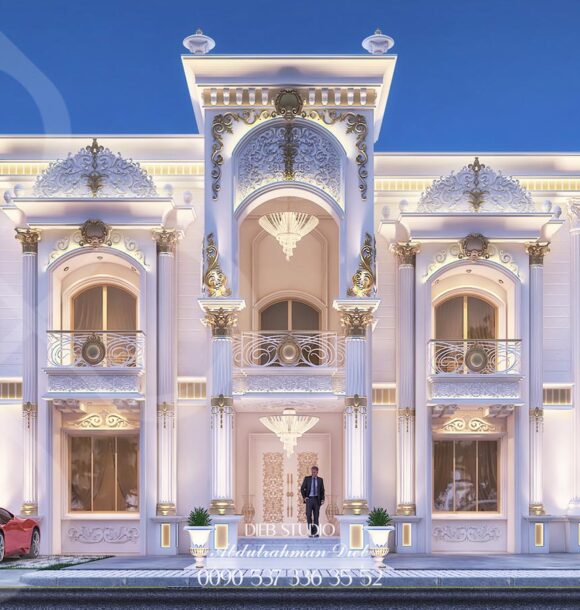 A grand white villa with ornate details, a balcony, and a central entrance. A man stands in front of the door, and a red sports car is parked in the driveway.