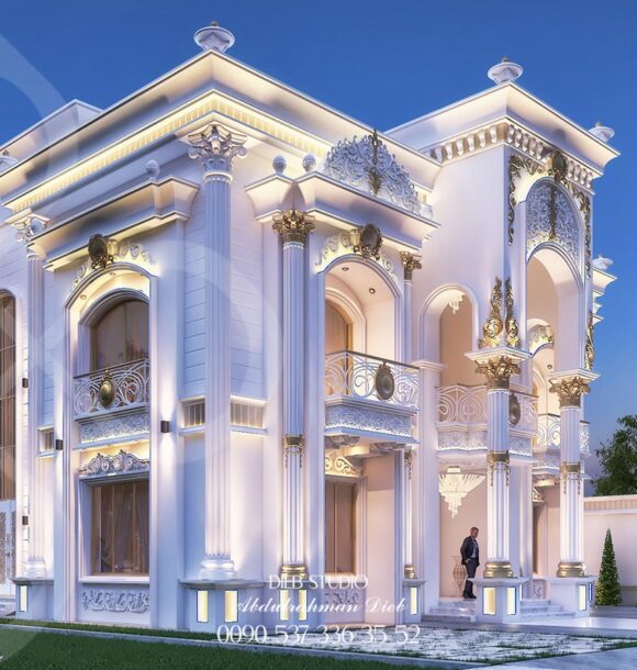 A grand white villa with ornate details, a balcony, and a central entrance. A man stands in front of the door, and a red sports car is parked in the driveway.