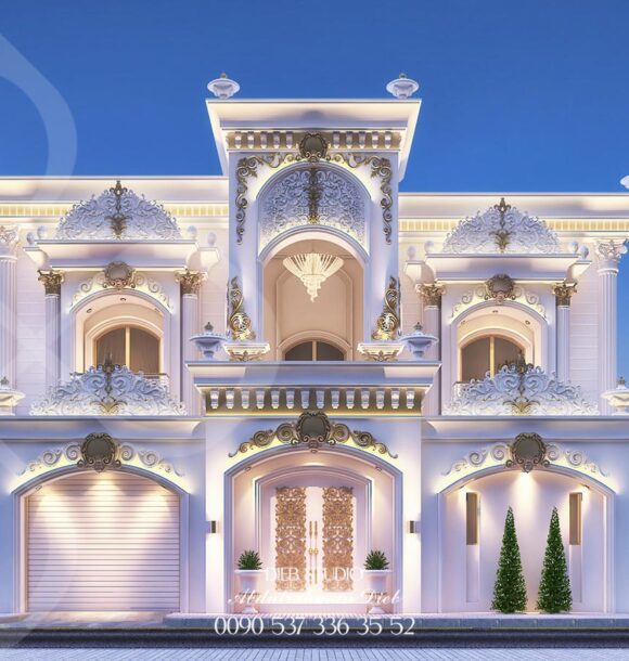 A grand white villa with ornate details, a balcony, and a central entrance. A man stands in front of the door, and a red sports car is parked in the driveway.