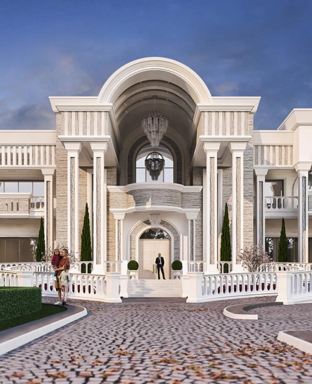 A grand neoclassical mansion with a symmetrical facade, featuring a central arched entrance, ornate columns, and a balcony overlooking a landscaped garden.