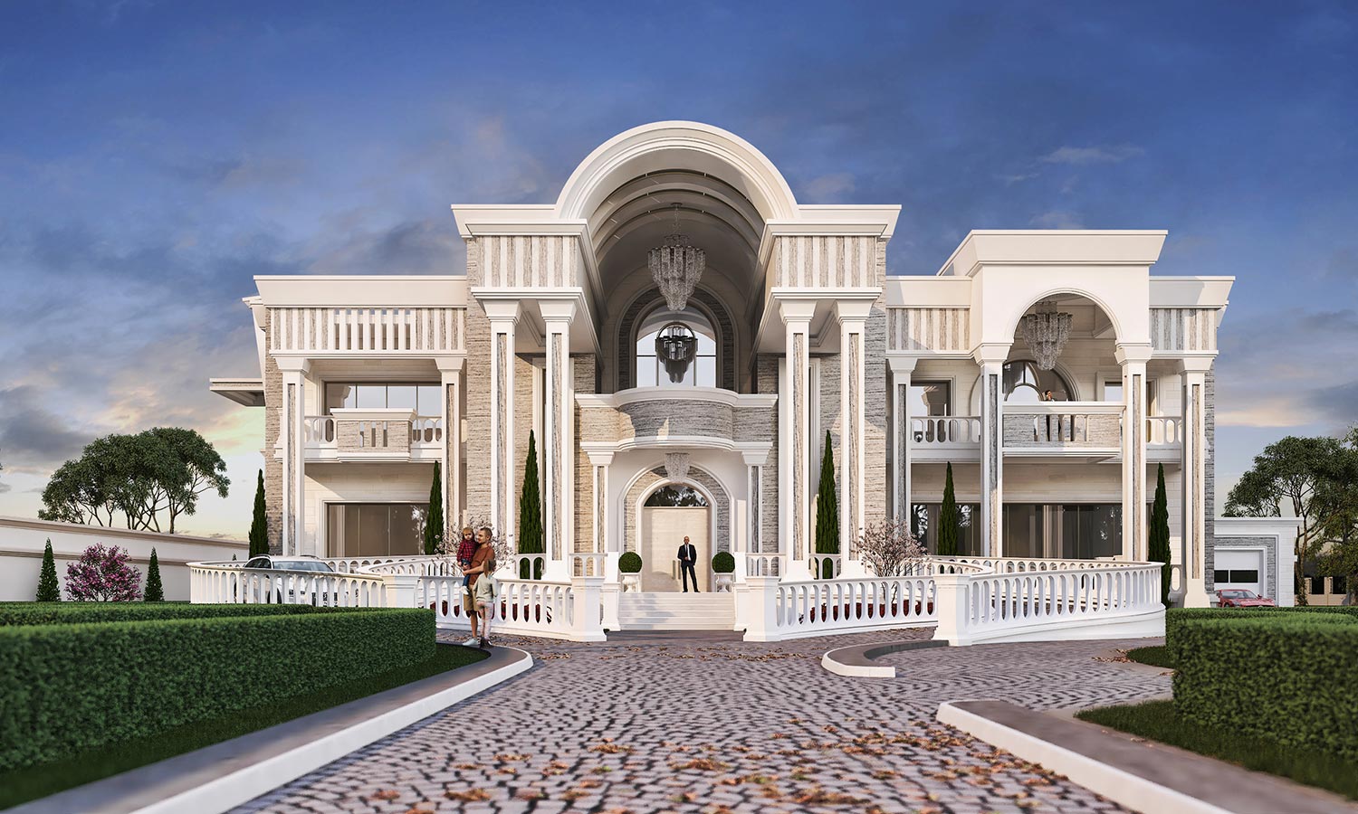 A grand neoclassical mansion with a symmetrical facade, featuring a central arched entrance, ornate columns, and a balcony overlooking a landscaped garden.