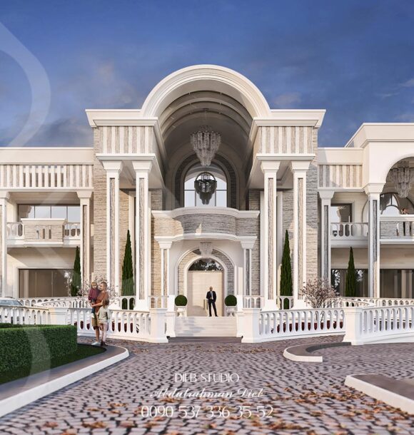 A grand neoclassical mansion with a symmetrical facade, featuring a central arched entrance, ornate columns, and a balcony overlooking a landscaped garden.