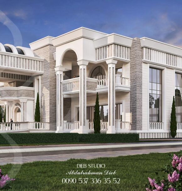 A grand neoclassical mansion with a symmetrical facade, featuring a central arched entrance, ornate columns, and a balcony overlooking a landscaped garden.