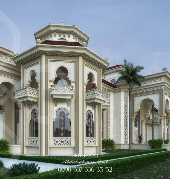 Andalusian-style palace architecture with intricate details and a luxurious design.