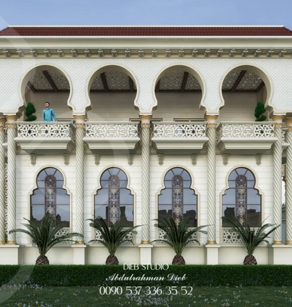 Andalusian-style palace architecture with intricate details and a luxurious design.