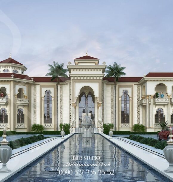 Andalusian-style palace architecture with intricate details and a luxurious design.