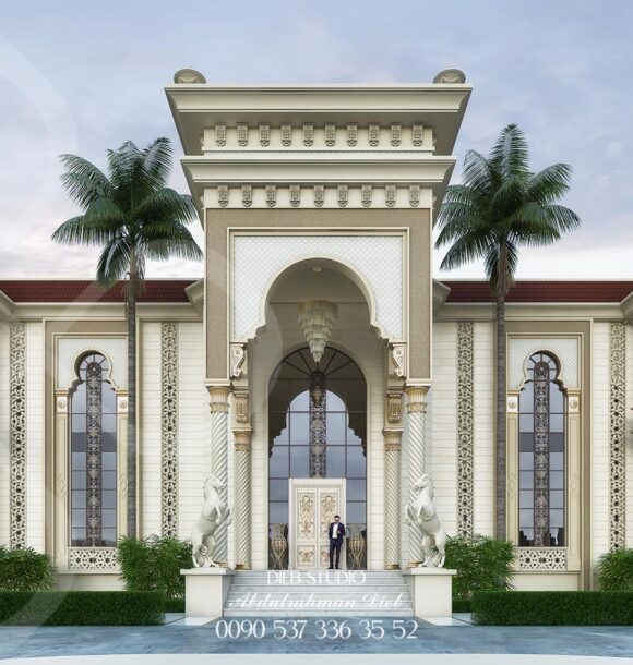 Andalusian-style palace architecture with intricate details and a luxurious design.