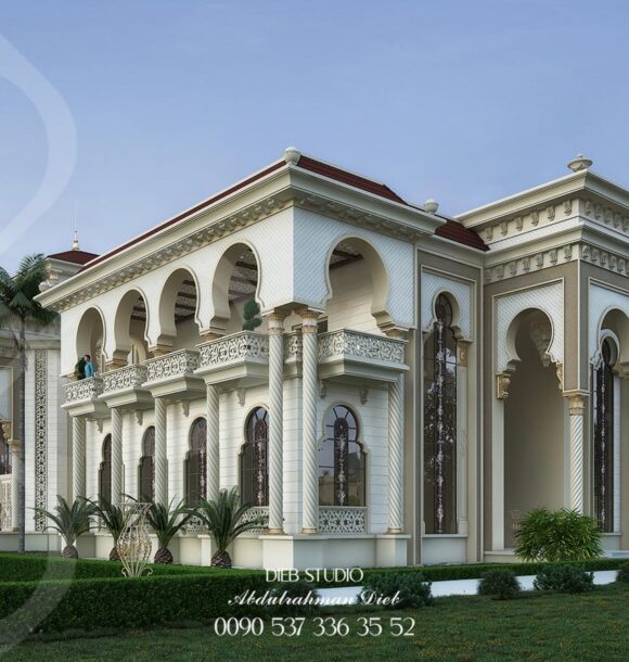 Andalusian-style palace architecture with intricate details and a luxurious design.