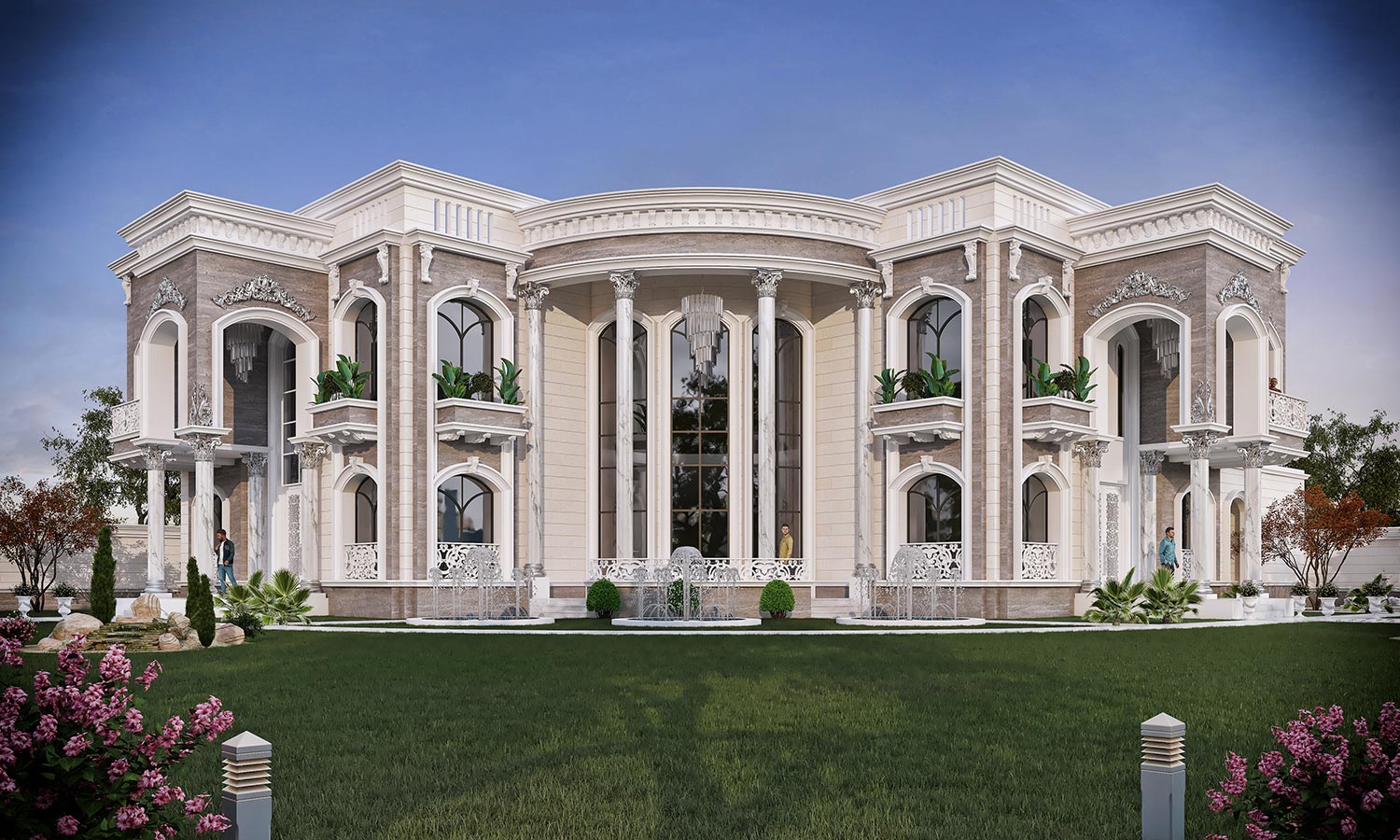 A contemporary mansion with a classic twist, featuring a symmetrical design, ornate columns, and a grand entrance.