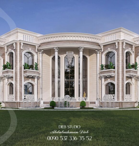 A contemporary mansion with a classic twist, featuring a symmetrical design, ornate columns, and a grand entrance.