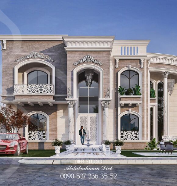 A contemporary mansion with a classic twist, featuring a symmetrical design, ornate columns, and a grand entrance.