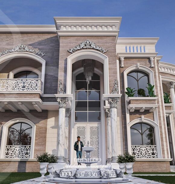 A contemporary mansion with a classic twist, featuring a symmetrical design, ornate columns, and a grand entrance.