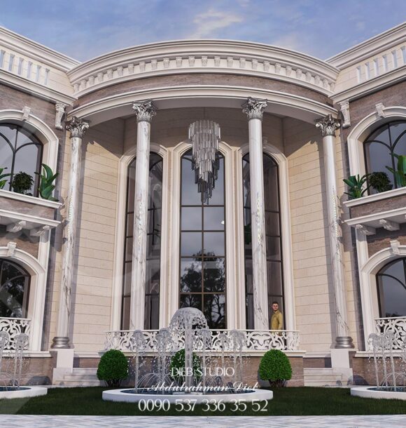 A contemporary mansion with a classic twist, featuring a symmetrical design, ornate columns, and a grand entrance.