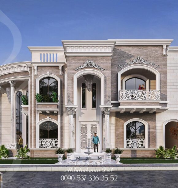 A contemporary mansion with a classic twist, featuring a symmetrical design, ornate columns, and a grand entrance.