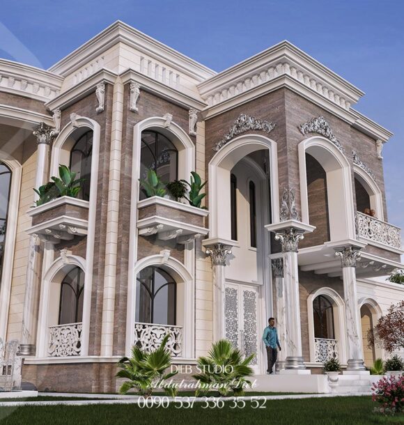 A contemporary mansion with a classic twist, featuring a symmetrical design, ornate columns, and a grand entrance.