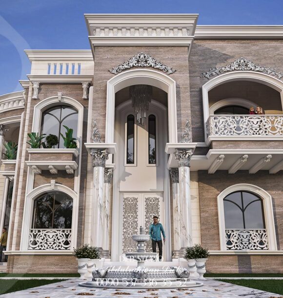 A contemporary mansion with a classic twist, featuring a symmetrical design, ornate columns, and a grand entrance.