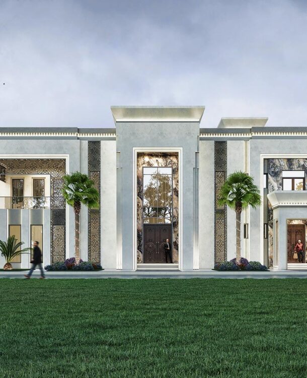 large, modern house with a grand entrance and beautiful landscaping