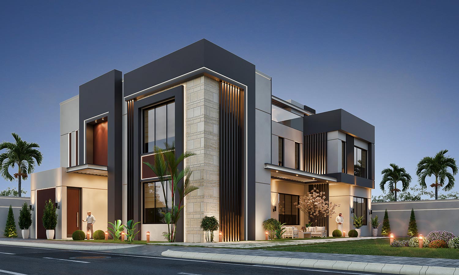 Modern luxury villa with sleek white walls, large glass windows, and dark wood accents. Features landscaped greenery, stylish lighting, and a cozy outdoor seating area. Perfect blend of elegance and comfort.