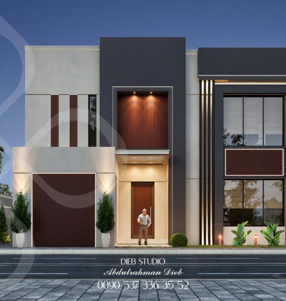 Modern luxury villa with sleek white walls, large glass windows, and dark wood accents. Features landscaped greenery, stylish lighting, and a cozy outdoor seating area. Perfect blend of elegance and comfort.