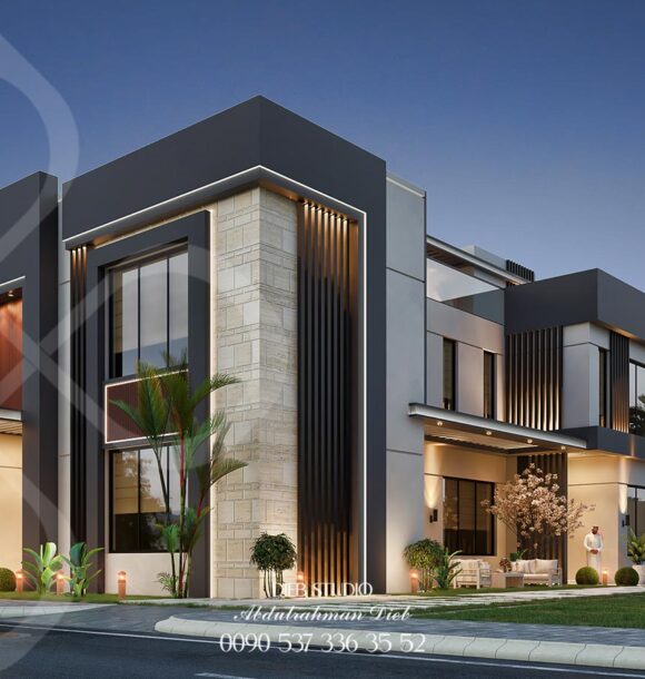 Modern luxury villa with sleek white walls, large glass windows, and dark wood accents. Features landscaped greenery, stylish lighting, and a cozy outdoor seating area. Perfect blend of elegance and comfort.