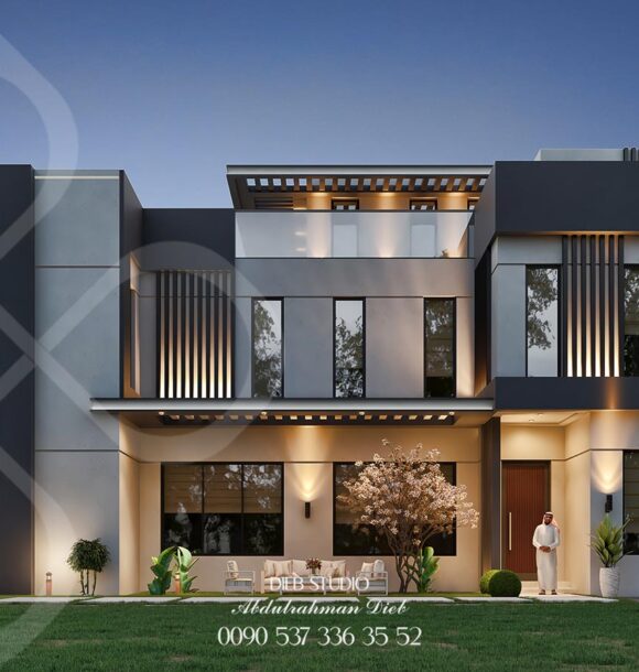 Modern luxury villa with sleek white walls, large glass windows, and dark wood accents. Features landscaped greenery, stylish lighting, and a cozy outdoor seating area. Perfect blend of elegance and comfort.