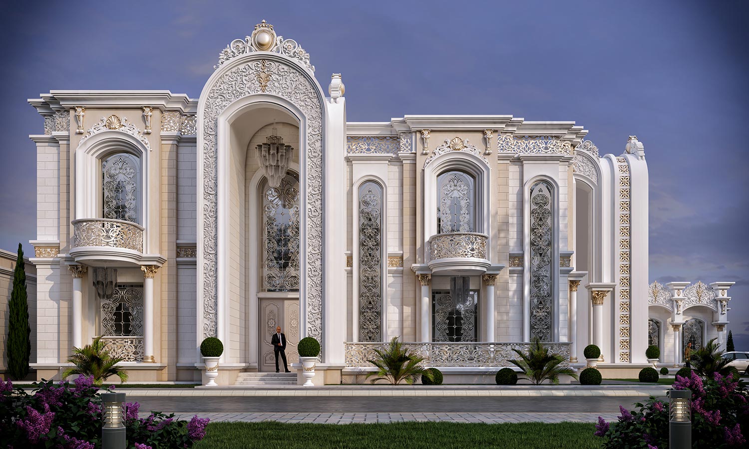 A luxurious, neoclassical mansion with intricate stonework, arched windows, and a central entrance flanked by columns.