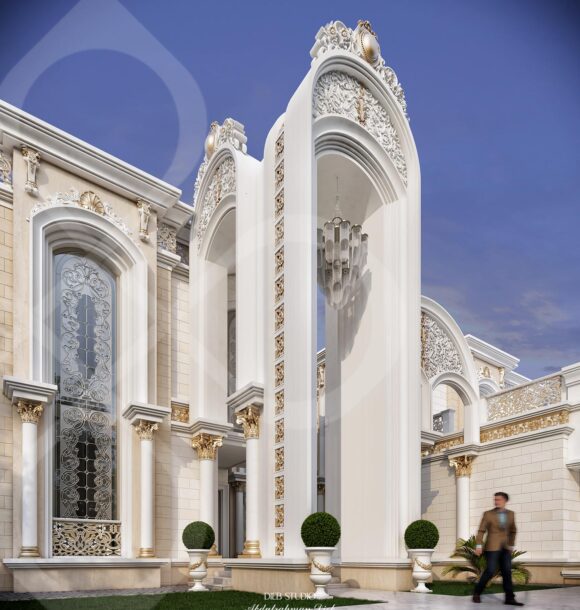 A luxurious, neoclassical mansion with intricate stonework, arched windows, and a central entrance flanked by columns.