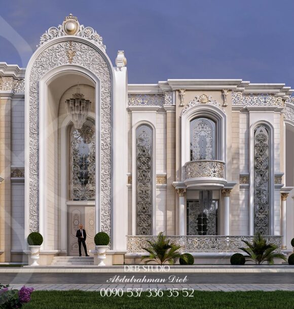 A luxurious, neoclassical mansion with intricate stonework, arched windows, and a central entrance flanked by columns.