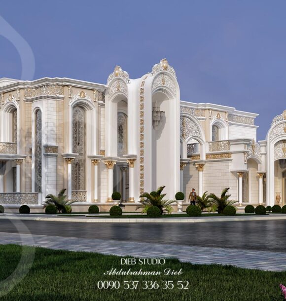 A luxurious, neoclassical mansion with intricate stonework, arched windows, and a central entrance flanked by columns.