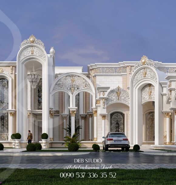 A luxurious, neoclassical mansion with intricate stonework, arched windows, and a central entrance flanked by columns.