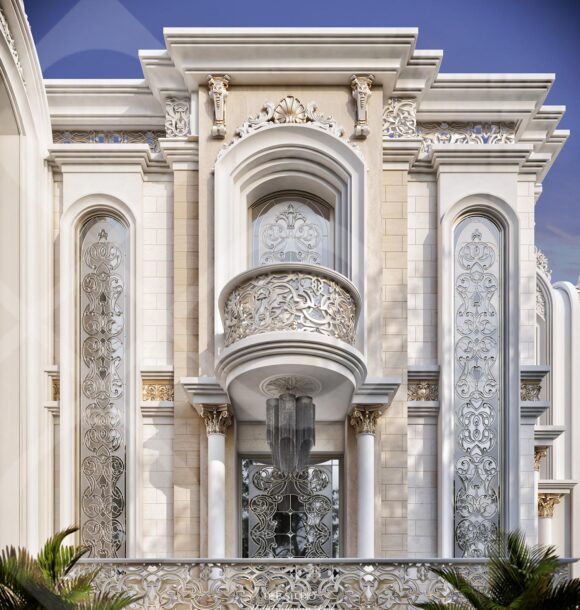 A luxurious, neoclassical mansion with intricate stonework, arched windows, and a central entrance flanked by columns.