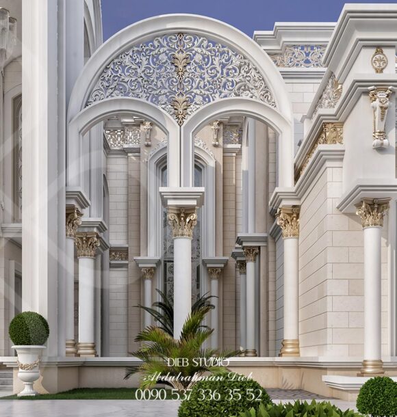 A luxurious, neoclassical mansion with intricate stonework, arched windows, and a central entrance flanked by columns.