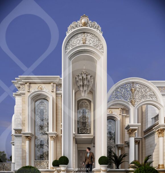 A luxurious, neoclassical mansion with intricate stonework, arched windows, and a central entrance flanked by columns.