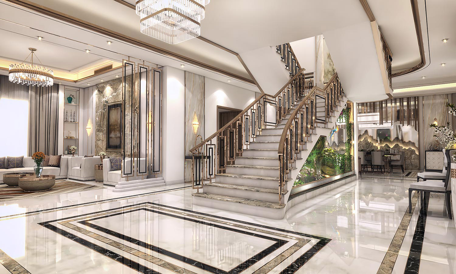 Luxurious entrance hall with a grand staircase.