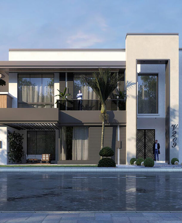 Modern two-story villa with a flat roof, large windows, and a balcony overlooking a palm tree-lined street.