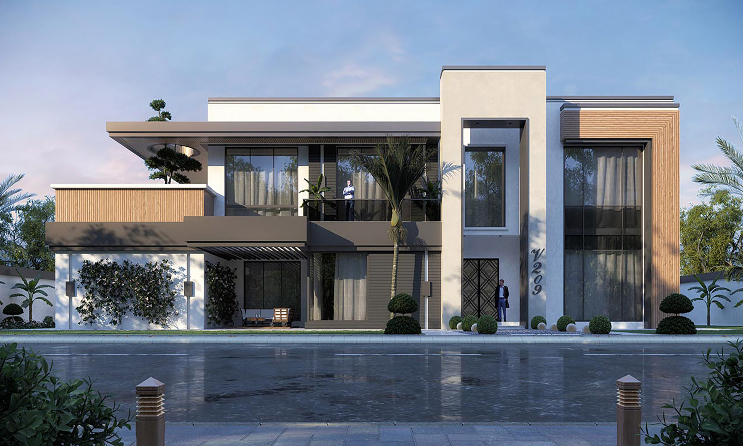 Modern two-story villa with a flat roof, large windows, and a balcony overlooking a palm tree-lined street.