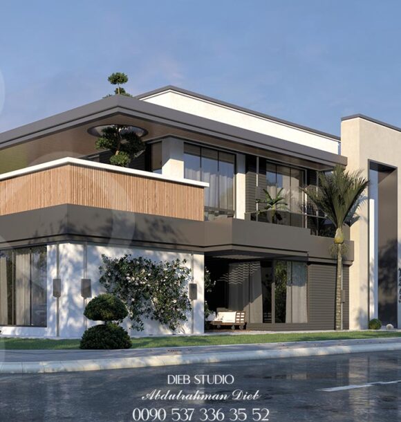 Modern two-story villa with a flat roof, large windows, and a balcony overlooking a palm tree-lined street.