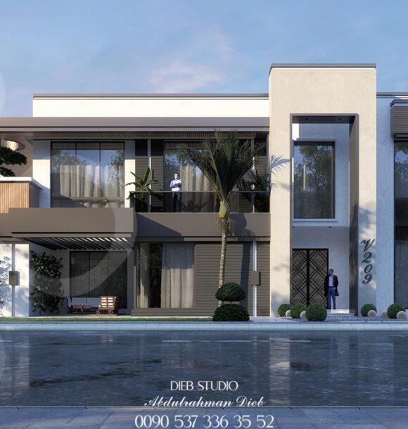 Modern two-story villa with a flat roof, large windows, and a balcony overlooking a palm tree-lined street.