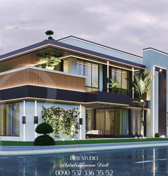 Modern two-story villa with a flat roof, large windows, and a balcony overlooking a palm tree-lined street.