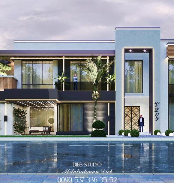 Modern two-story villa with a flat roof, large windows, and a balcony overlooking a palm tree-lined street.