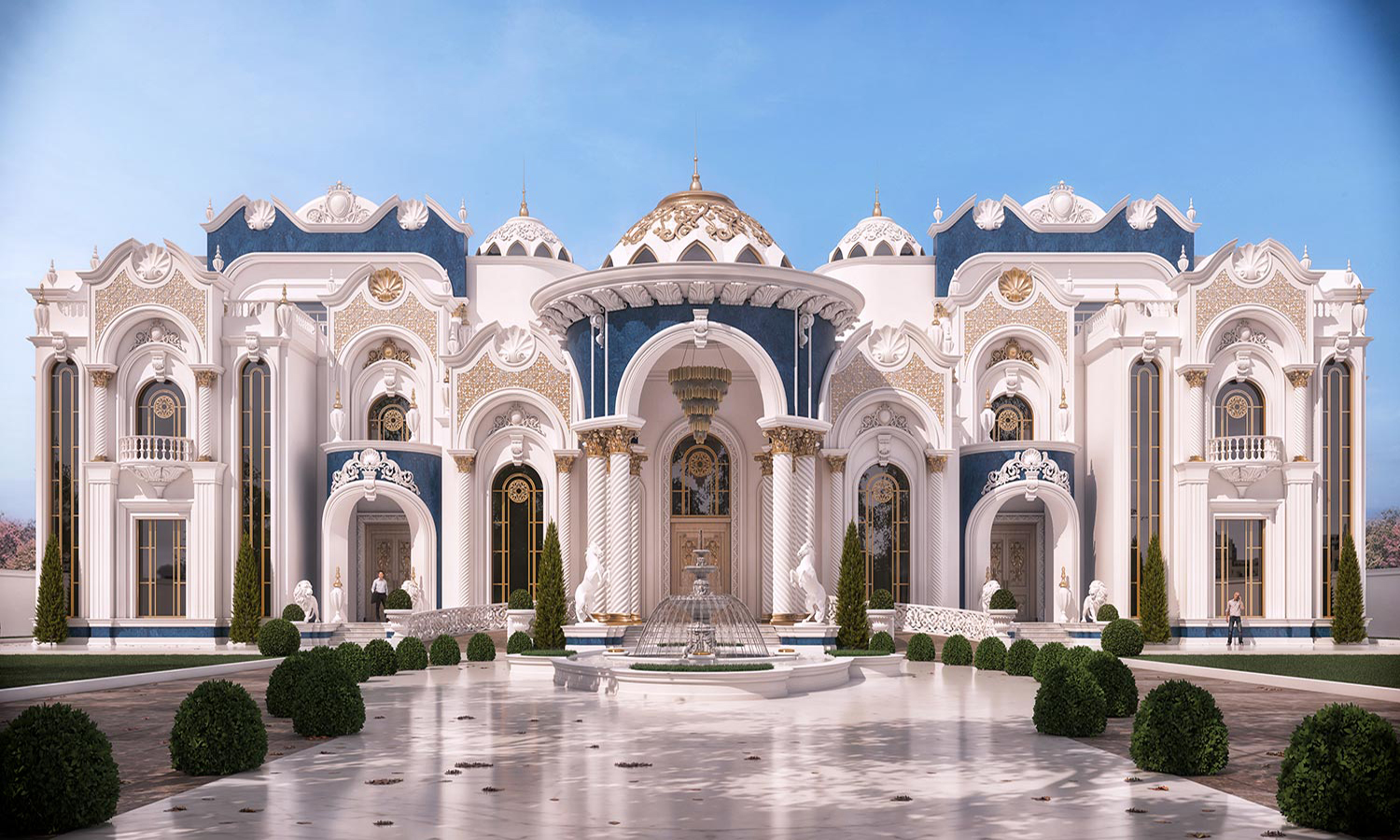 A grand, ornate mansion with a blue and white color scheme.