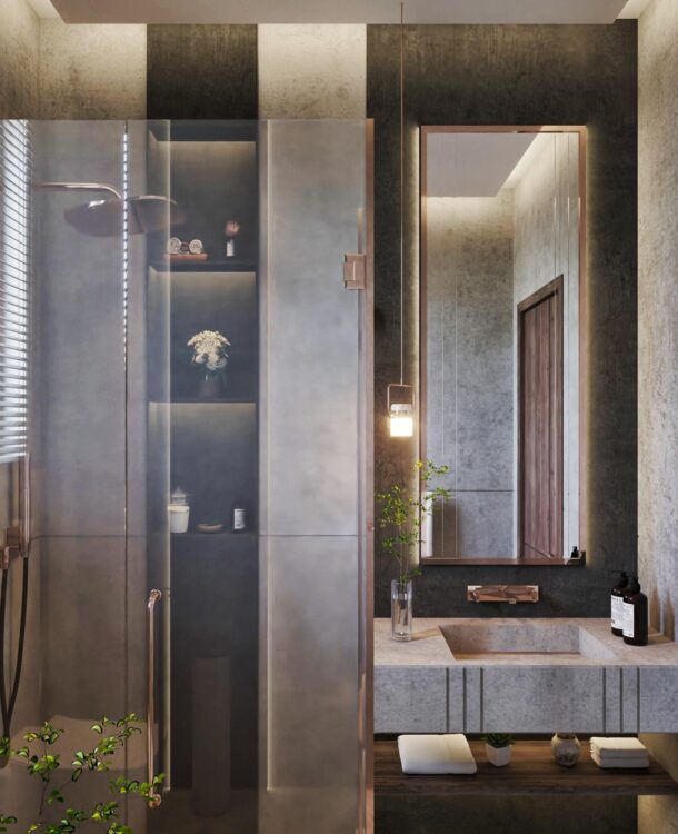 Modern bathroom design with a dark color scheme and minimalist aesthetic.